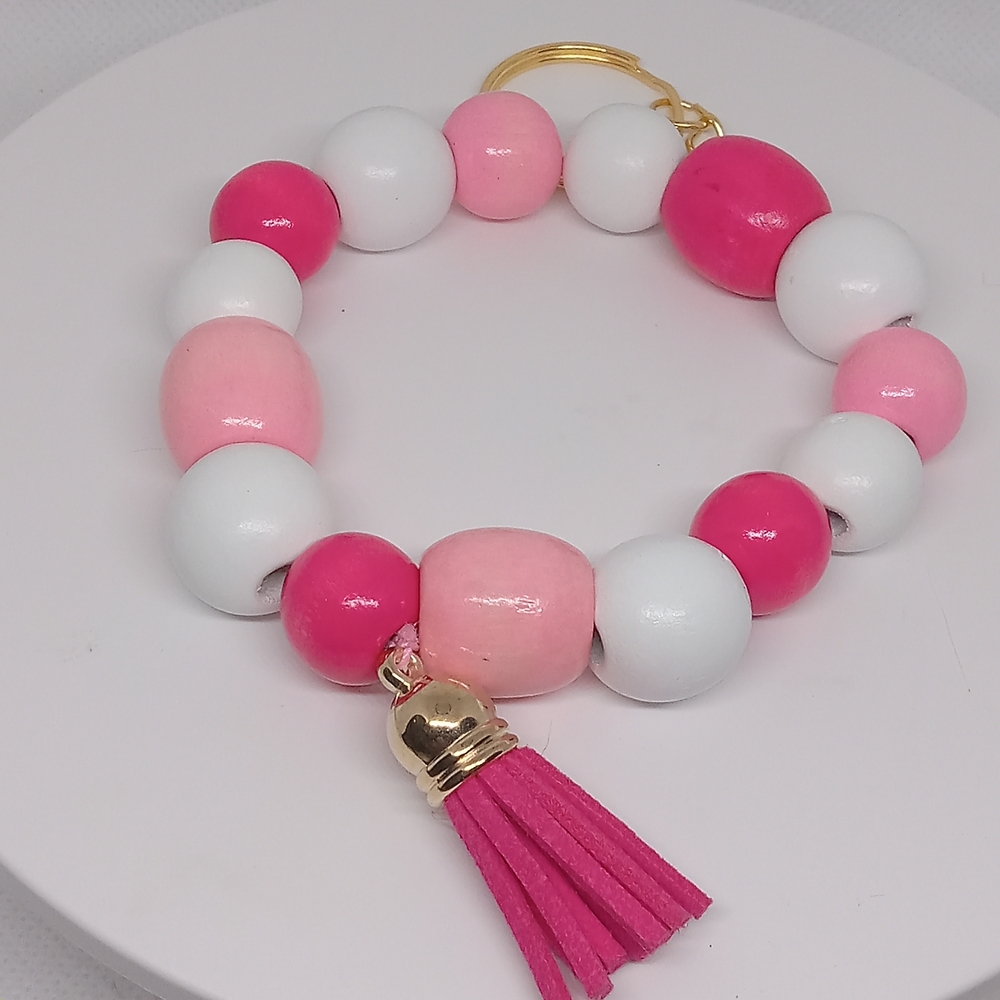 Pink and White Beaded Keychain with Tassel
